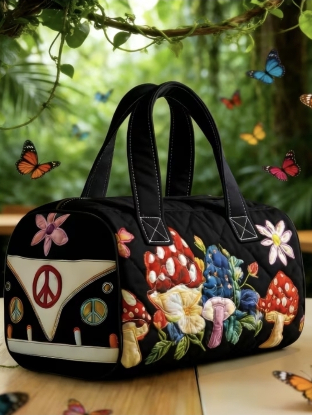Bohemian Embroidered Travel Duffle Bag Mushrooms New